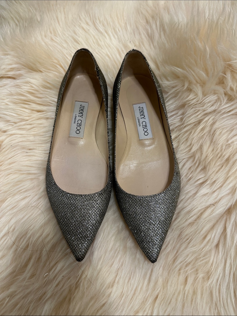 Jimmy Choo Glitter Pointed-Toe Flats in Metallic Silver